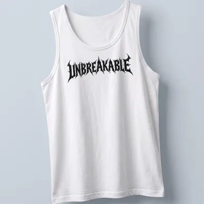 Distressed black T-shirt with bold UNBREAKABLE text in streetwear style — printed on a tank top