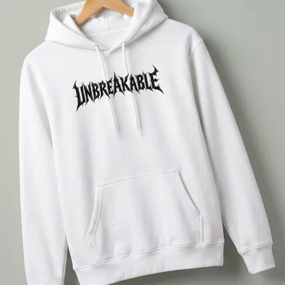 Distressed black T-shirt with bold UNBREAKABLE text in streetwear style — printed on a unisex hoodie