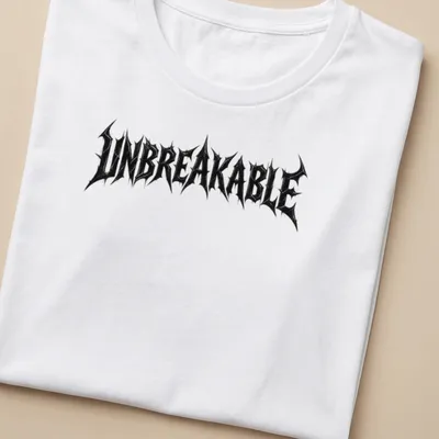 Distressed black T-shirt with bold UNBREAKABLE text in streetwear style — printed on a women's shirt
