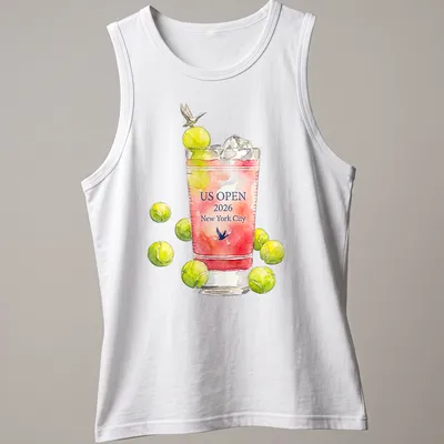 Watercolor design of a cocktail glass with tennis balls and text for US Open 2026. — printed on a tank top
