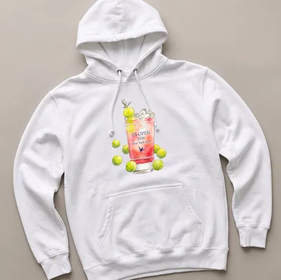 Watercolor design of a cocktail glass with tennis balls and text for US Open 2026. — printed on a unisex hoodie