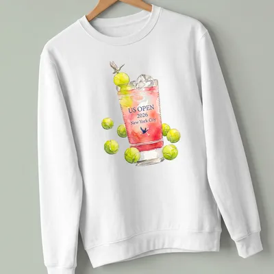 Watercolor design of a cocktail glass with tennis balls and text for US Open 2026. — printed on a unisex sweatshirt