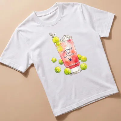 Watercolor design of a cocktail glass with tennis balls and text for US Open 2026.