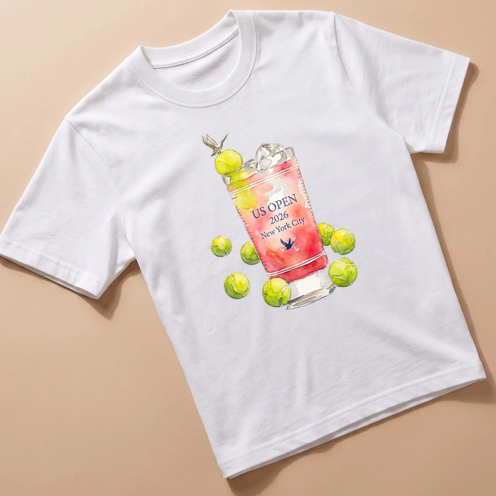 Watercolor design of a cocktail glass with tennis balls and text for US Open 2026. — printed on a unisex t-shirt