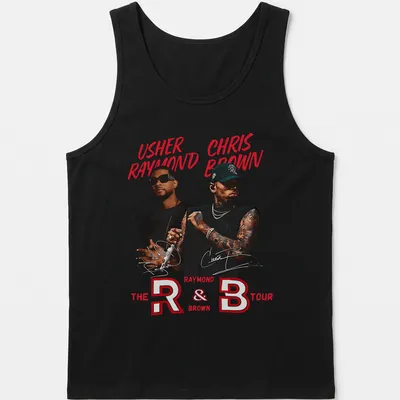 Bold graphic tee featuring Usher and Chris Brown for R&B Tour — printed on a tank top