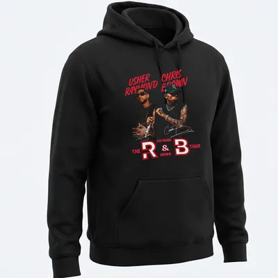 Bold graphic tee featuring Usher and Chris Brown for R&B Tour — printed on a unisex hoodie