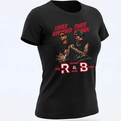 Bold graphic tee featuring Usher and Chris Brown for R&B Tour — printed on a women's shirt