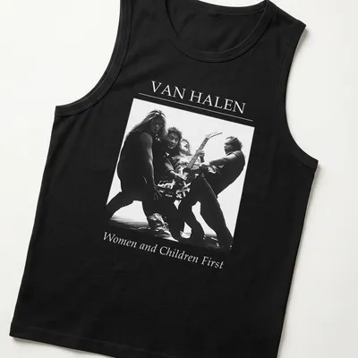 Black and white Van Halen t-shirt featuring band members in dynamic poses — printed on a tank top