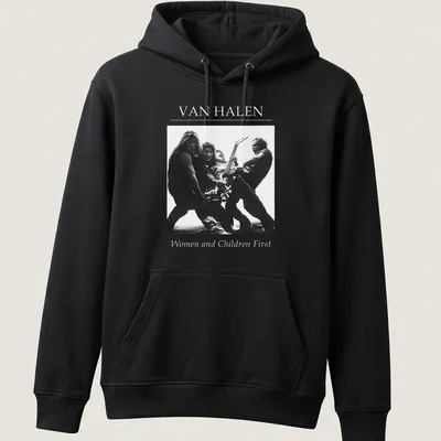 Black and white Van Halen t-shirt featuring band members in dynamic poses — printed on a unisex hoodie