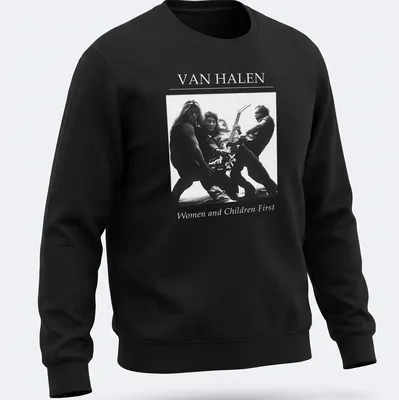 Black and white Van Halen t-shirt featuring band members in dynamic poses — printed on a unisex sweatshirt