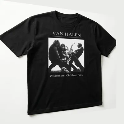 Black and white Van Halen t-shirt featuring band members in dynamic poses — printed on a unisex t-shirt (angled view)