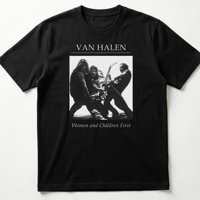 Black and white Van Halen t-shirt featuring band members in dynamic poses