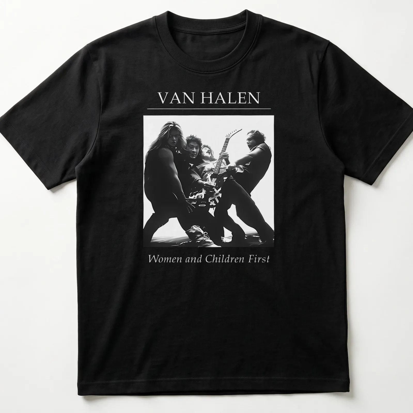 Black and white Van Halen t-shirt featuring band members in dynamic poses — printed on a unisex t-shirt