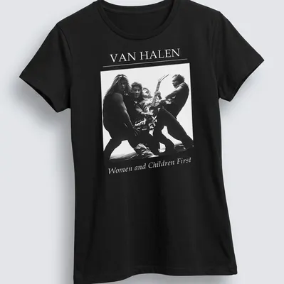 Black and white Van Halen t-shirt featuring band members in dynamic poses — printed on a women's shirt