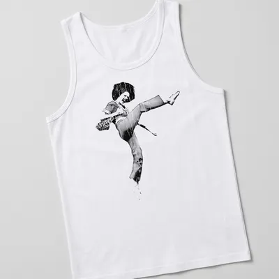 Retro print of a high-kicking dancer with an afro in black and white — printed on a tank top
