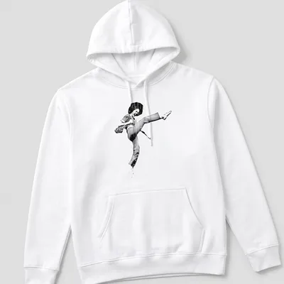 Retro print of a high-kicking dancer with an afro in black and white — printed on a unisex hoodie
