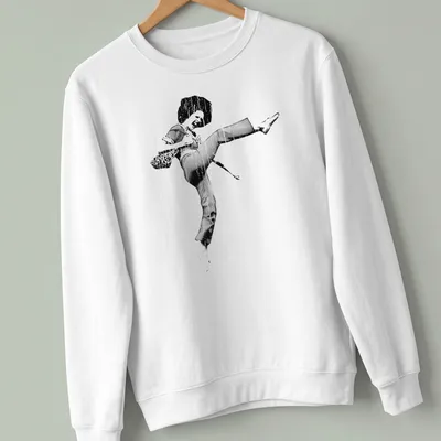 Retro print of a high-kicking dancer with an afro in black and white — printed on a unisex sweatshirt