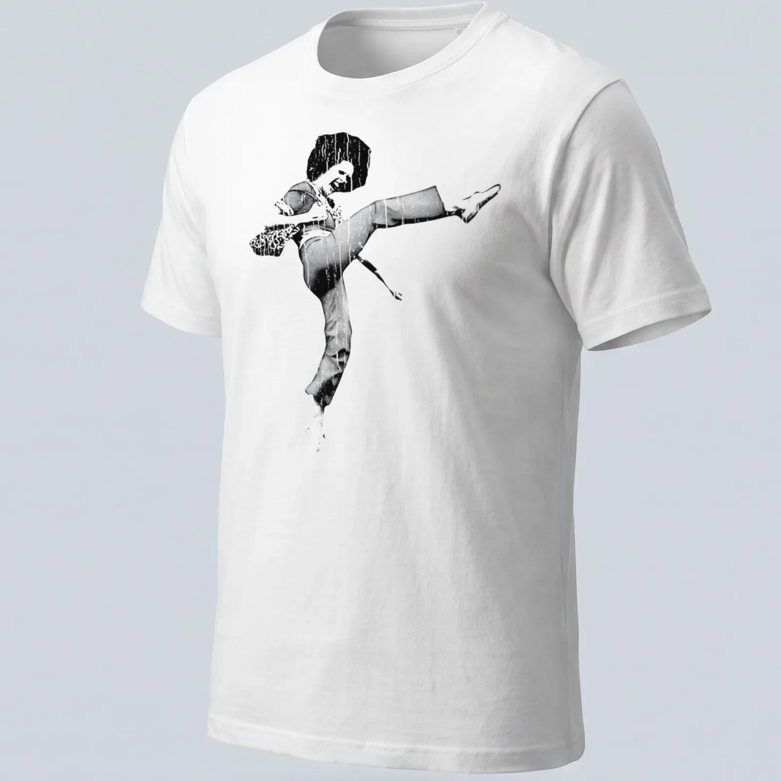 Retro print of a high-kicking dancer with an afro in black and white — printed on a unisex t-shirt