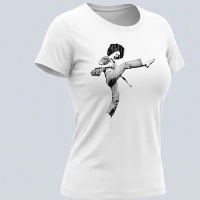 Retro print of a high-kicking dancer with an afro in black and white — printed on a women's shirt