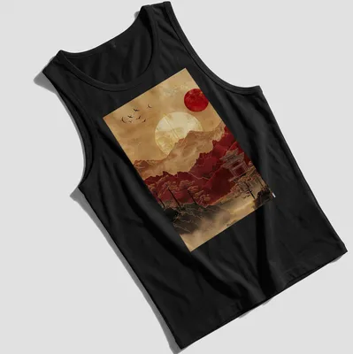 Traditional Japanese art t-shirt featuring a pagoda and mountains at sunset — printed on a tank top