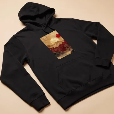 Traditional Japanese art t-shirt featuring a pagoda and mountains at sunset — printed on a unisex hoodie