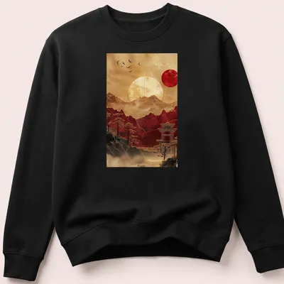 Traditional Japanese art t-shirt featuring a pagoda and mountains at sunset — printed on a unisex sweatshirt