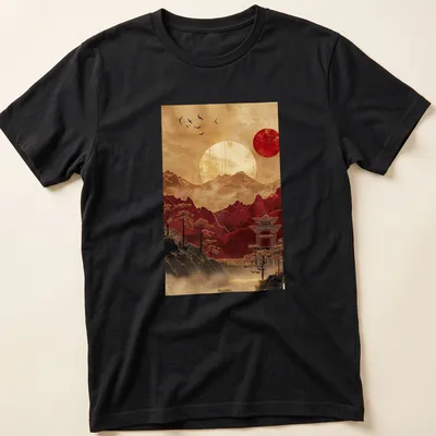 Traditional Japanese art t-shirt featuring a pagoda and mountains at sunset
