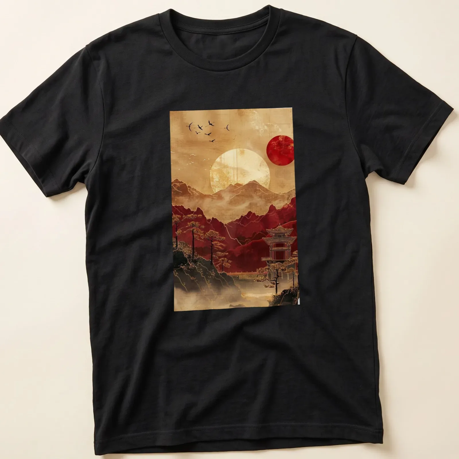 Traditional Japanese art t-shirt featuring a pagoda and mountains at sunset — printed on a unisex t-shirt