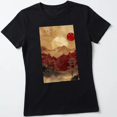 Traditional Japanese art t-shirt featuring a pagoda and mountains at sunset — printed on a women's shirt