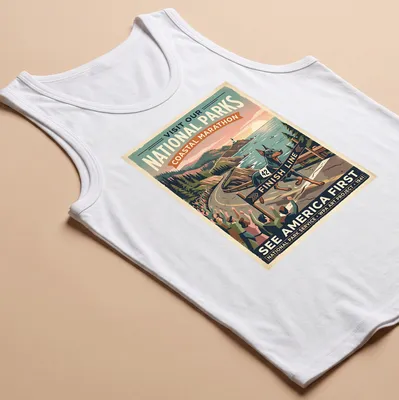 Vintage poster print of a Doberman running in a marathon with park-themed text — printed on a tank top