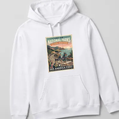 Vintage poster print of a Doberman running in a marathon with park-themed text — printed on a unisex hoodie