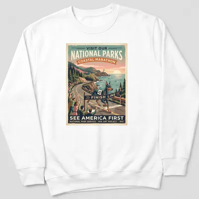 Vintage poster print of a Doberman running in a marathon with park-themed text — printed on a unisex sweatshirt