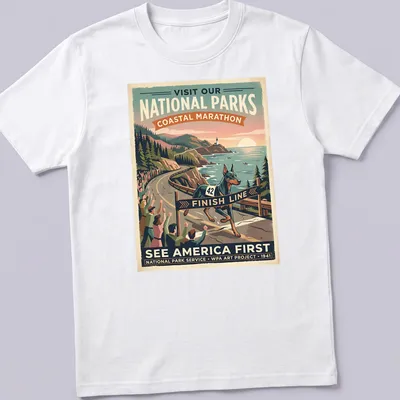 Vintage poster print of a Doberman running in a marathon with park-themed text