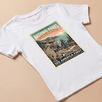 Vintage poster print of a Doberman running in a marathon with park-themed text — printed on a women's shirt