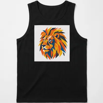 Low poly graphic of a vibrant lion in geometric colors. — printed on a tank top