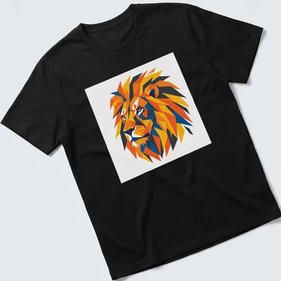 Low poly graphic of a vibrant lion in geometric colors.