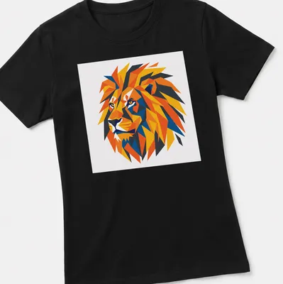 Low poly graphic of a vibrant lion in geometric colors. — printed on a women's shirt
