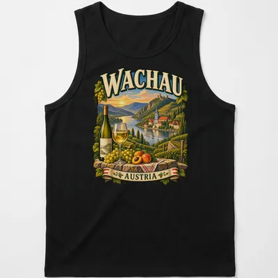 Vintage illustration of wine country with grapes, apricots, and a wine bottle and glass — printed on a tank top