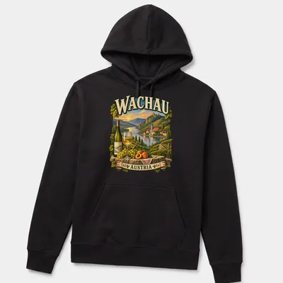 Vintage illustration of wine country with grapes, apricots, and a wine bottle and glass — printed on a unisex hoodie