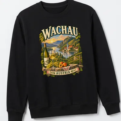 Vintage illustration of wine country with grapes, apricots, and a wine bottle and glass — printed on a unisex sweatshirt