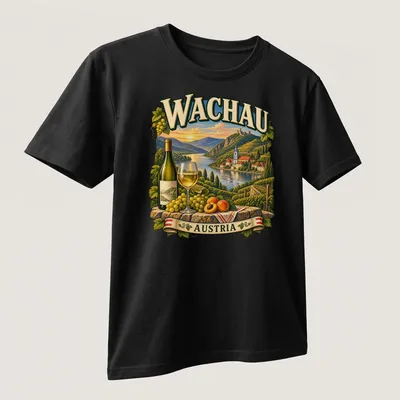 Vintage illustration of wine country with grapes, apricots, and a wine bottle and glass — printed on a unisex t-shirt (angled view)