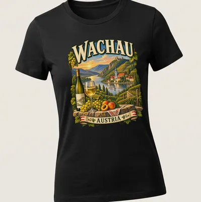 Vintage illustration of wine country with grapes, apricots, and a wine bottle and glass — printed on a women's shirt