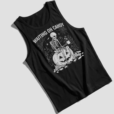 Spooky illustration of a skeleton on a pumpkin with text saying 'Waiting on Candy' — printed on a tank top