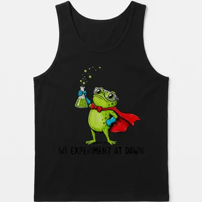 Colorful cartoon frog in a lab coat with text about experiments. — printed on a tank top
