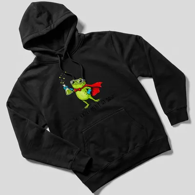 Colorful cartoon frog in a lab coat with text about experiments. — printed on a unisex hoodie