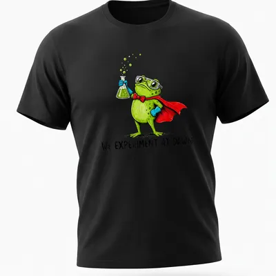Colorful cartoon frog in a lab coat with text about experiments.