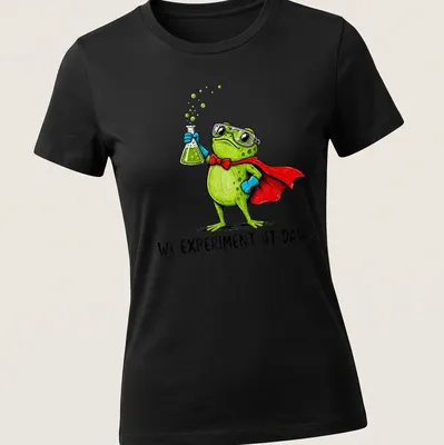 Colorful cartoon frog in a lab coat with text about experiments. — printed on a women's shirt
