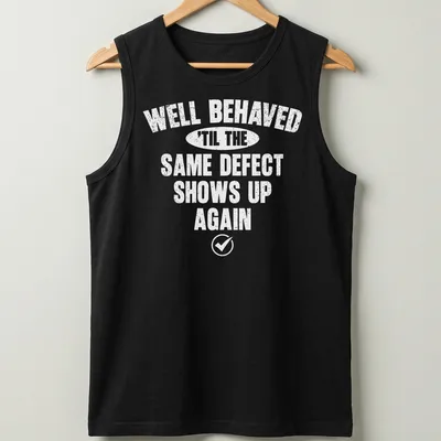 Humorous typography shirt reading 'Well Behaved Until The Same Perfect Shows Up Again' — printed on a tank top