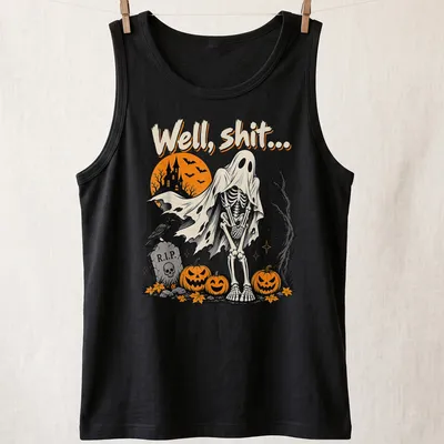 Vintage spooky shirt featuring a skeleton ghost and humorous text — printed on a tank top