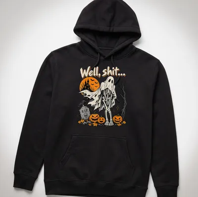 Vintage spooky shirt featuring a skeleton ghost and humorous text — printed on a unisex hoodie